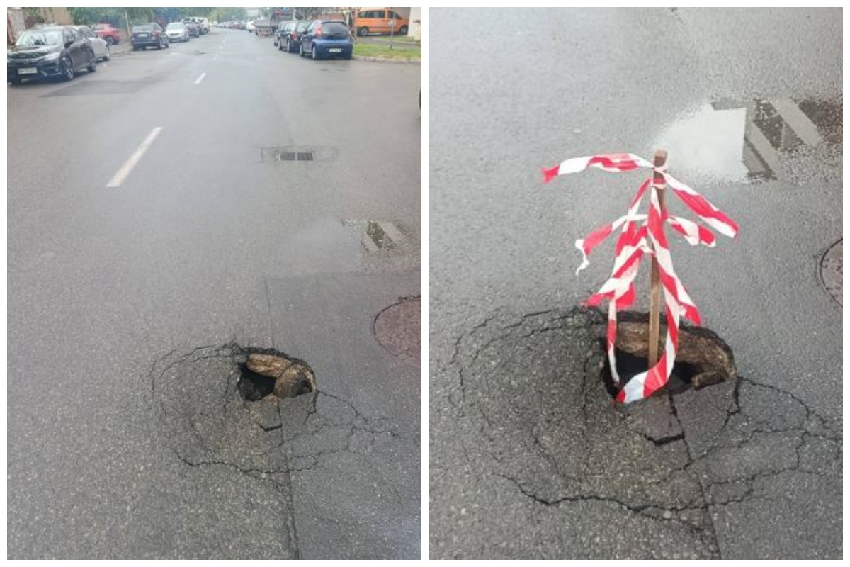 Atenție, șoferi! Asfaltul s-a surpat pe mijlocul unei străzi din Cluj-Napoca și există risc de accident FOTO