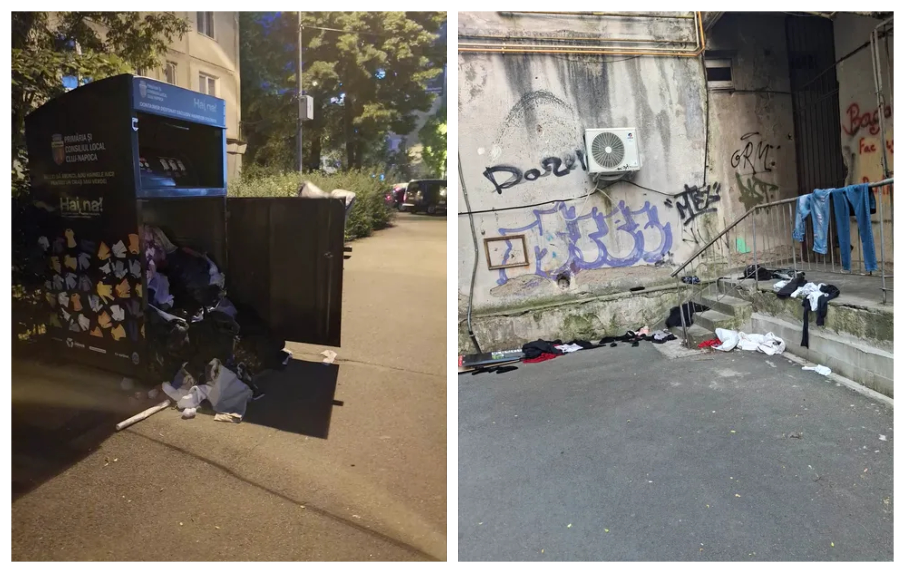 Dezastru din nou la containerele „Hai, na!” din Cluj-Napoca! Hainele sunt aruncate peste tot: „Nu se rezolvă nimic”