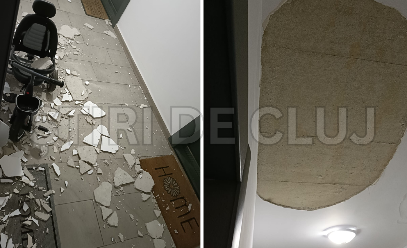 Pericol iminent într-un bloc nou din Cluj! Tencuiala de pe tavan a căzut de 3 ori pe scara blocului: „Putea să îi pice bebelușului în cap. Așa lucrări?!”