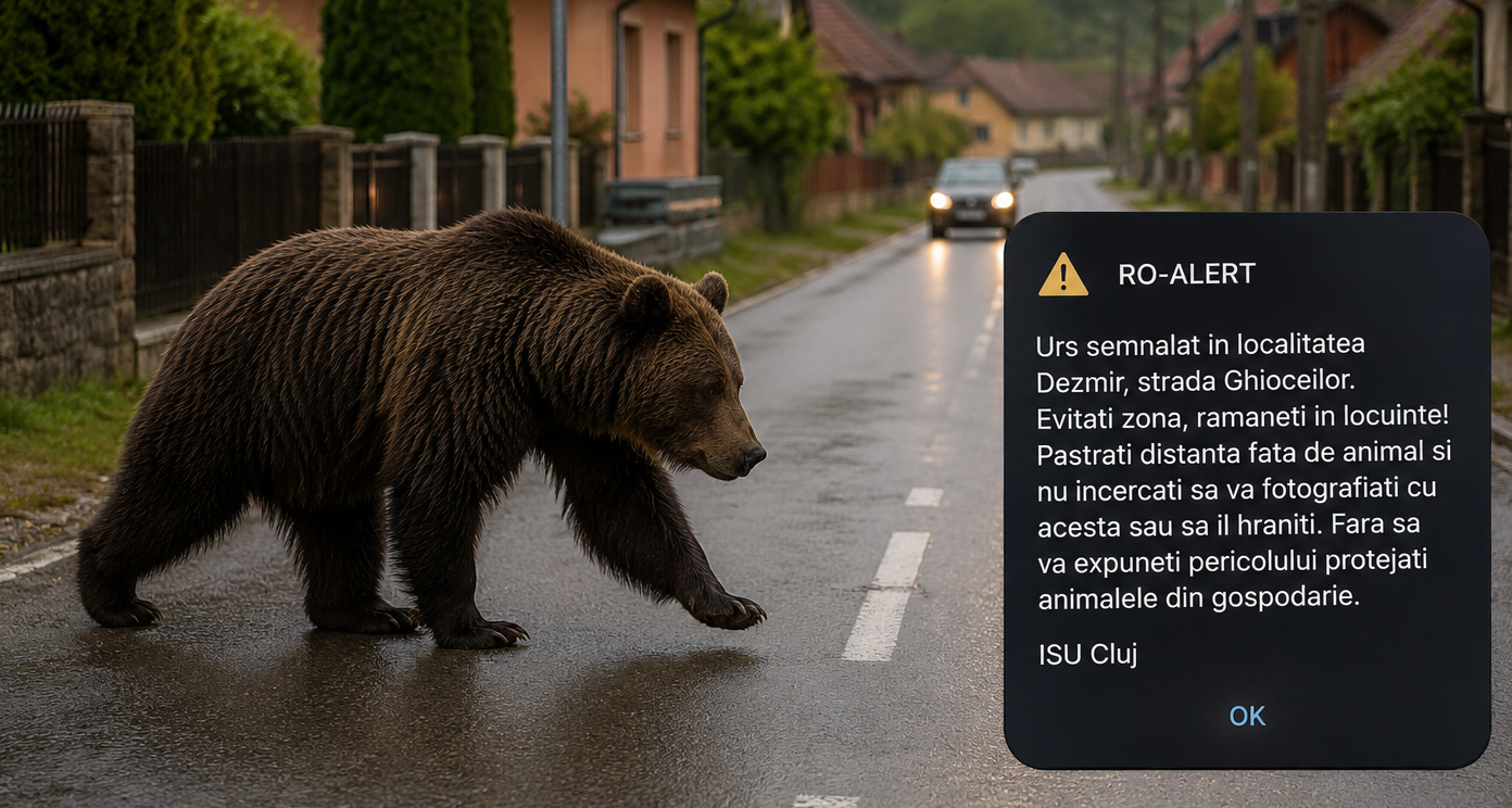 S-a emis RO-ALERT în Cluj! Urs semnalat pe o stradă din Dezmir: „Rămâneți în locuințe. Păstrați distanța. Nu încercați să vă faceți poze”