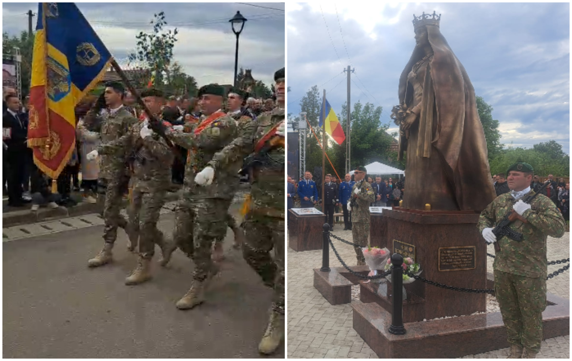 VIDEO. Paradă militară în Jucu și invitați speciali. Momentul dezvelirii statuii Reginei Maria a fost special: „Fondatorii Coroanei Române ne văd de sus”