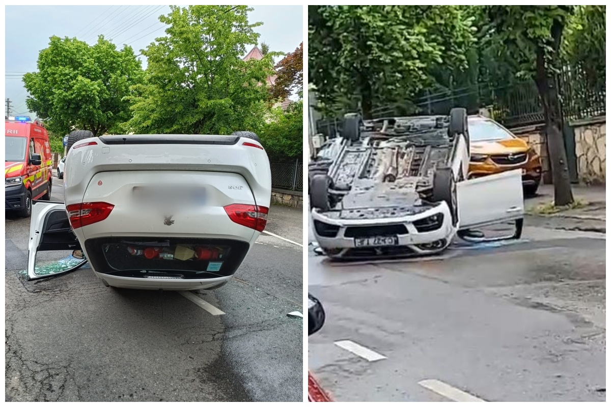 VIDEO Șofer-cascador rupt de beat la Cluj. Cum a ajuns cu roțile în sus în accidentul de pe strada Brașov?