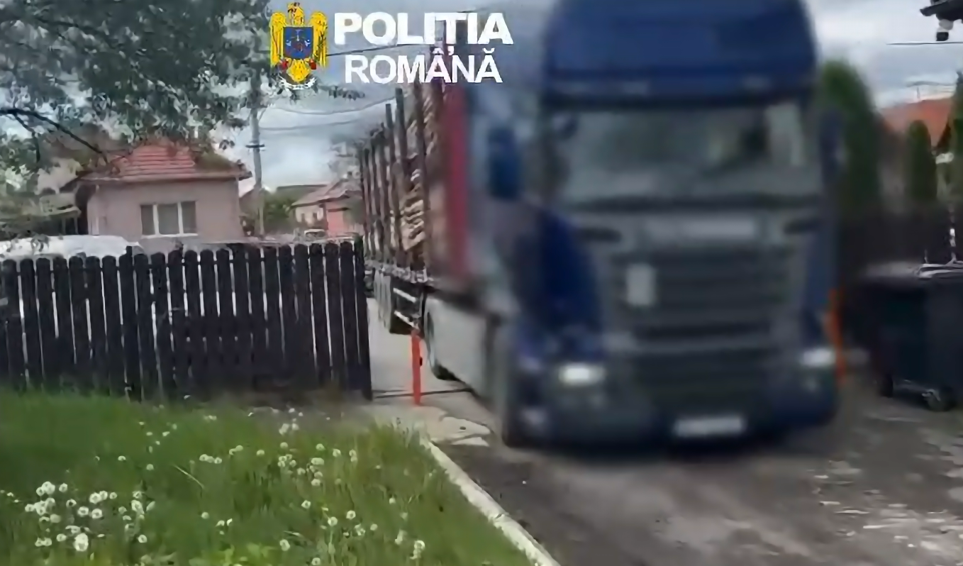 VIDEO. TIR de sute de mii de euro plin cu lemne, confiscat de polițiștii clujeni. La volan era un șofer de 27 de ani