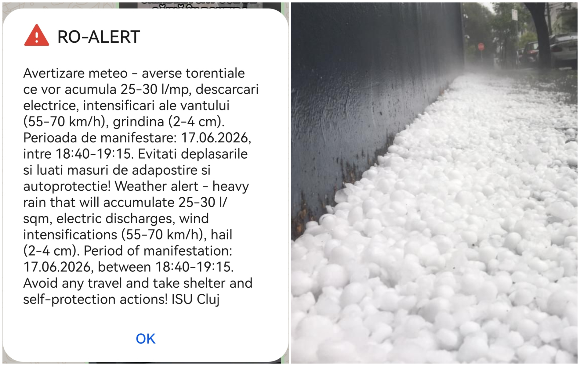 Atenție, clujeni! Furtuna nu a trecut. A fost emis RO-ALERT, oamenii sunt rugați să se adăpostească în următoarea oră. Grindină de până la 4 cm