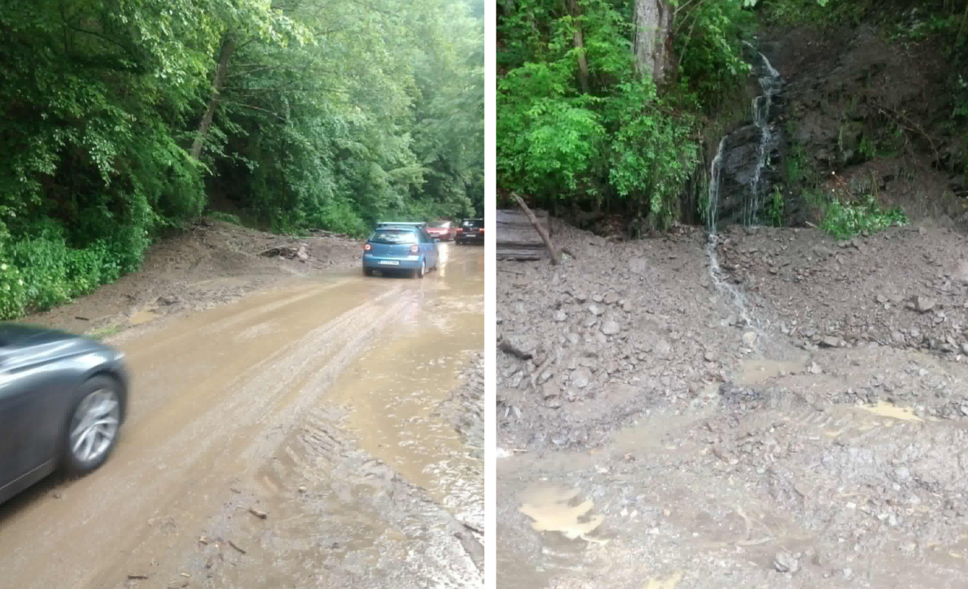 Intervenție de urgență pe un drum din Cluj după furtuni! Aluviuni și roci au blocat drumul, echipele CJ Cluj au degajat carosabilul cu buldoexcavatorul