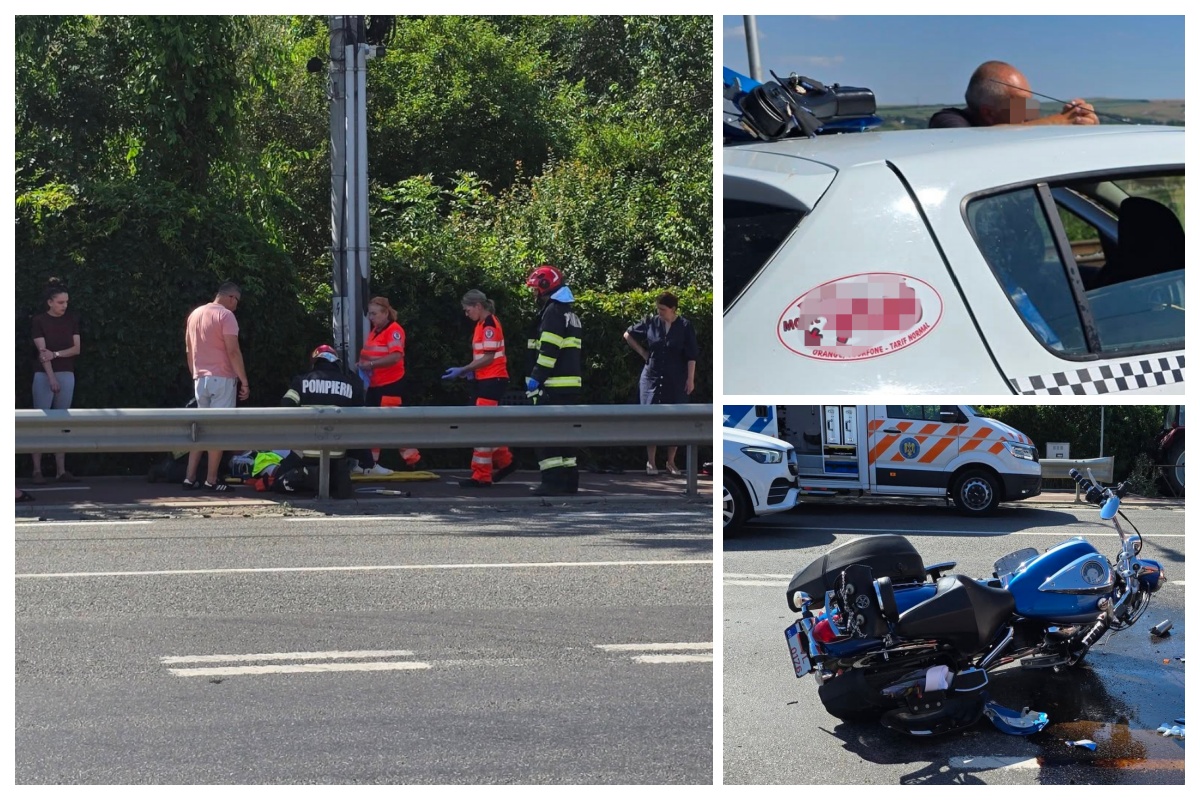 Noi imagini și detalii de la accidentul grav din Jucu, Cluj: Motociclist și un pasager de 85 de ani răniți. Mașina implicată ar fi fost un taxi