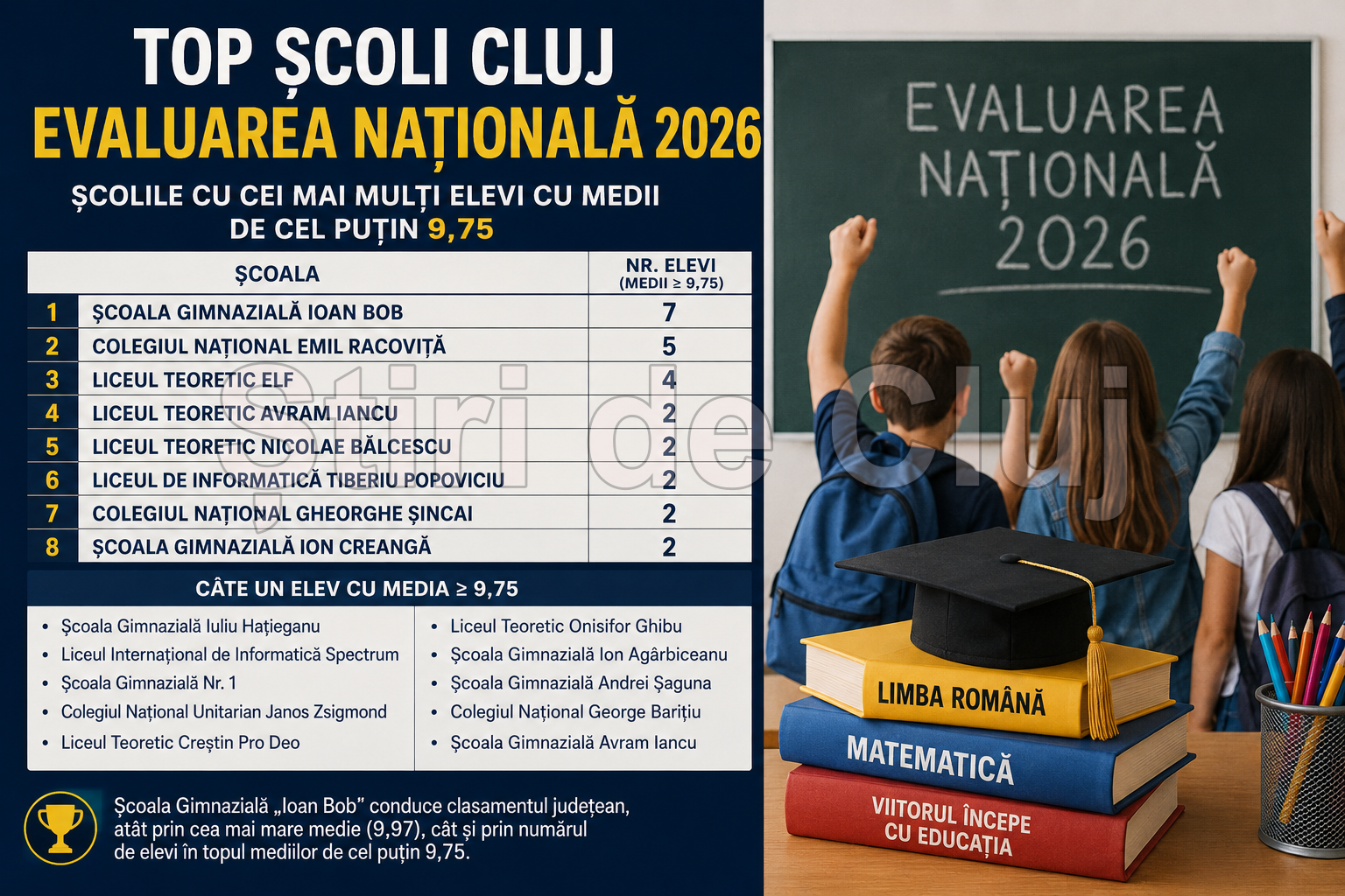 Topul școlilor din Cluj la Evaluarea Națională 2026. Ce școli au cei mai mulți elevi cu medii peste 9,75. Școala Gimnazială „Ioan Bob” conduce detașat