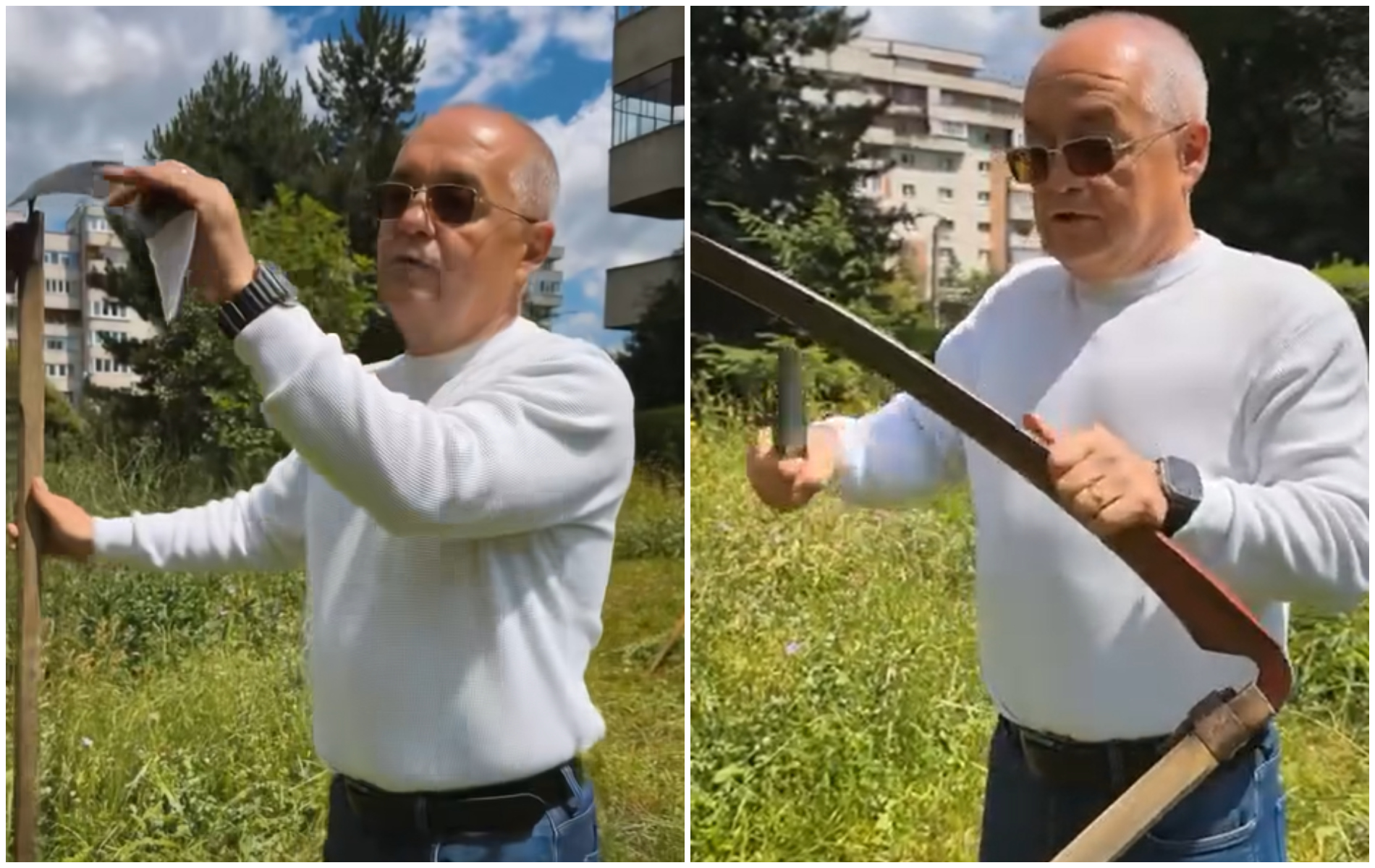 VIDEO. Emil Boc, cosaș în blugi printre blocuri. Primarul îi cheamă pe toți clujenii la „gospodărit” în curte: „Vrei să faci un pic sport, vii la coasă”