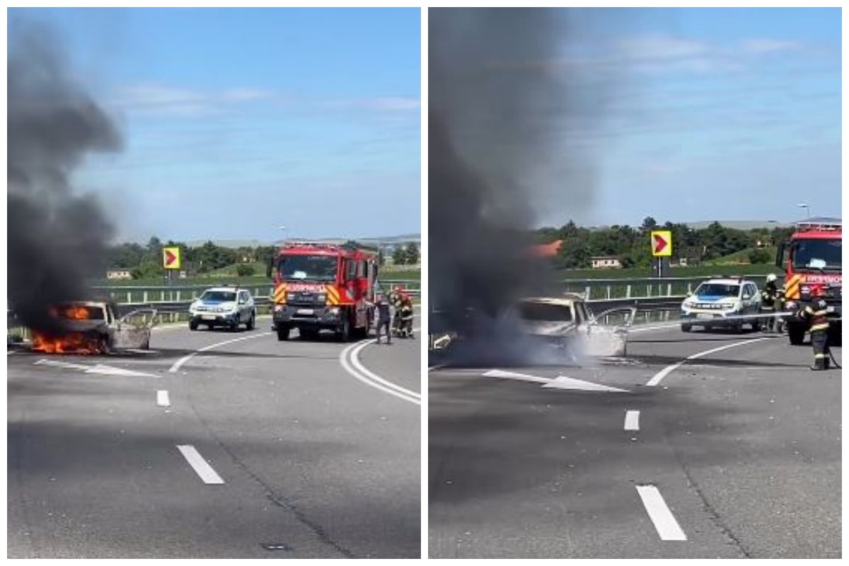 VIDEO O mașină s-a aprins în mers pe autostrada A3. Pompierii clujeni au intervenit dar mașina e daună totală