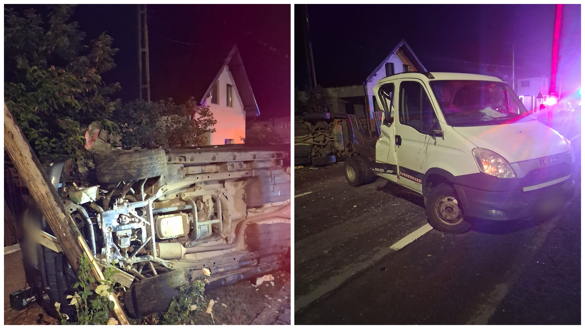 Accident în miez de noapte în Cluj! O mașină s-a răsturnat după impactul cu o autoutilitară. Pompierii și echipajul SMURD au venit de urgență