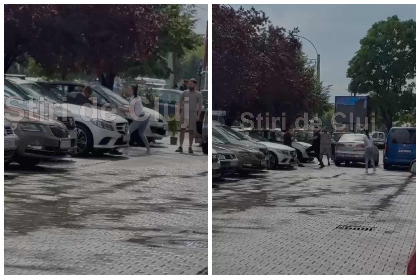 EXCLUSIV VIDEO. Bătaie ca-n Vestul Sălbatic în parcarea Sigma Center, în Cluj, în urmă cu puțin timp. S-au lovit cu pumnii, picioarele și o bâtă