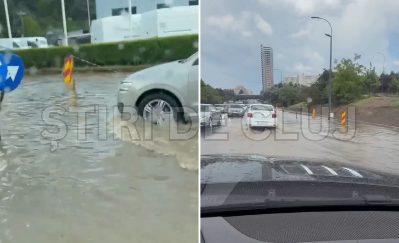 VIDEO. O ploaie de doar 10 minute a transformat intrarea în Cluj într-un „lac”. Șoferii au mers cu mașinile ca și cum ar fi fost bărci, prin apă