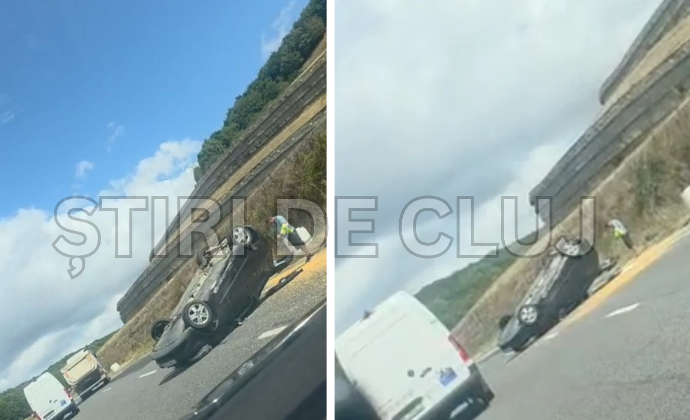 VIDEO. Imagini dramatice de la accidentul din Cluj! Un șofer de 44 de ani s-a răsturnat cu mașina pe carosabil, în plină zi: Ce a descoperit poliția